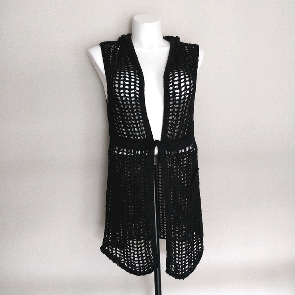 Jackets & Blazers - Black Crochet Open Knit Vest